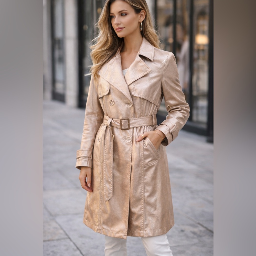 Calvin Klein Metallic Champagne Trench Coat with Belt-Fits like a large small